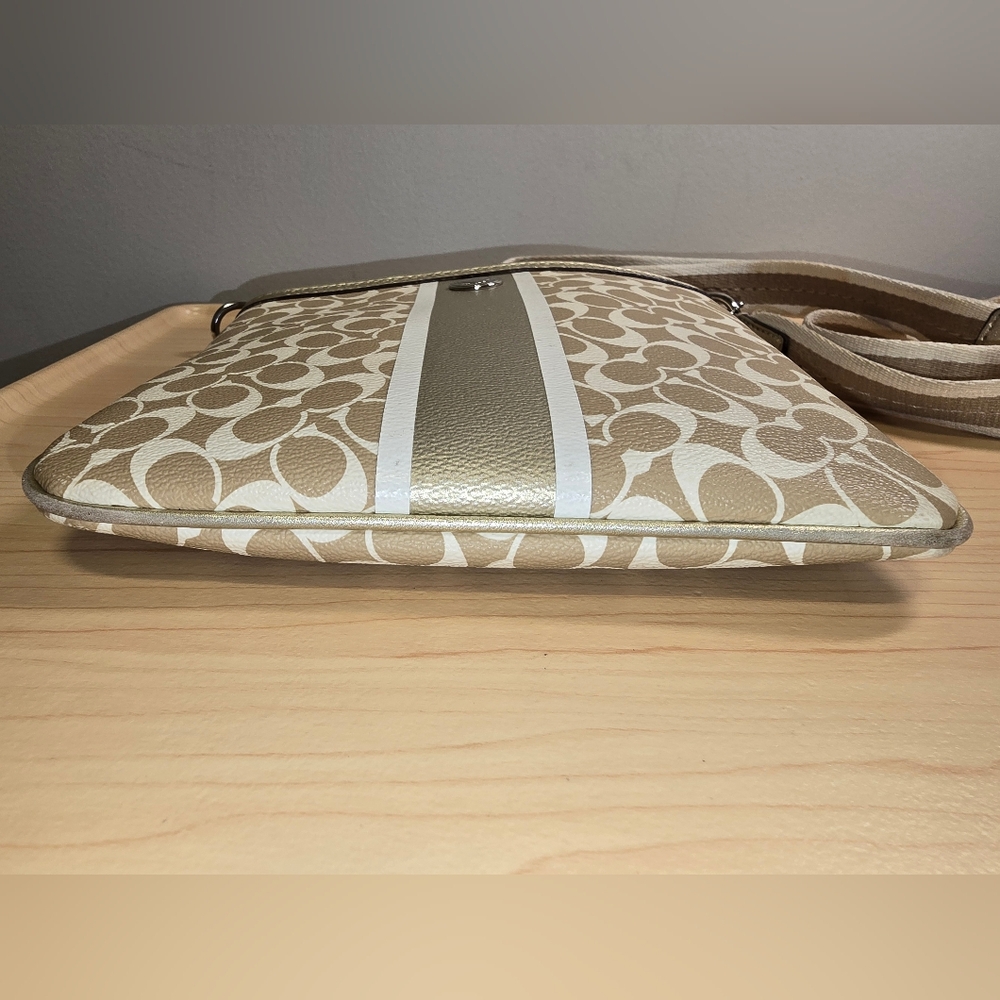 COACH Khaki and Gold Swingpack Crossbody Bag Coated Canvas Signature Stripe - Picture 9 of 16